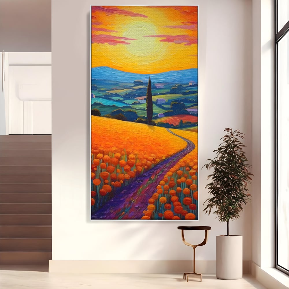 Tablou canvas cu pictura peisaj cu drum si chiparos, in rama de aluminiu argintiu
