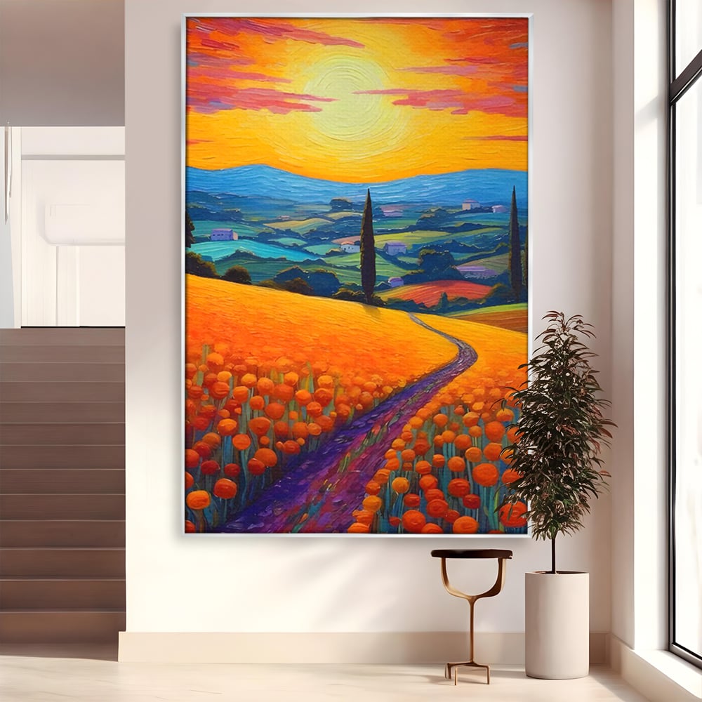 Tablou canvas cu pictura peisaj cu drum si chiparos, in rama de aluminiu argintiu