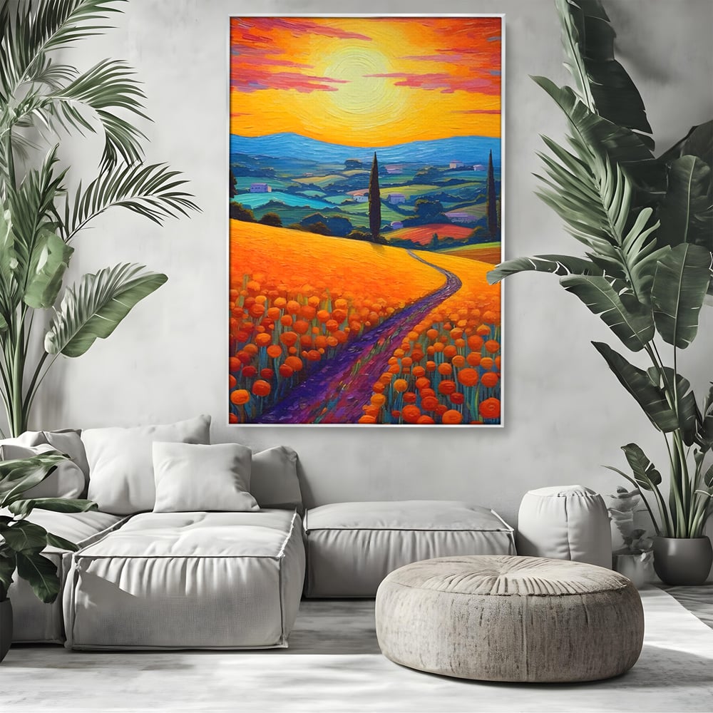 Tablou canvas cu pictura peisaj cu drum si chiparos, in rama de aluminiu argintiu, pe perete intr-un living