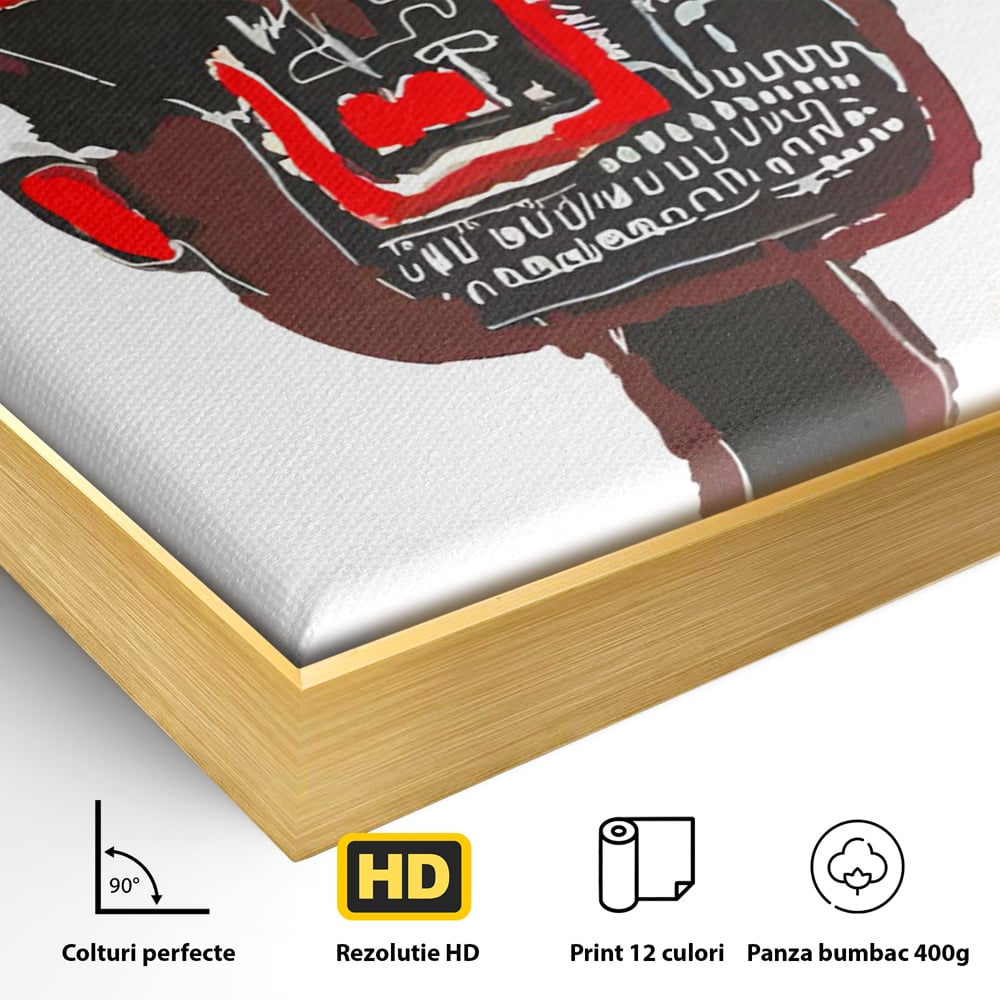 Detaliu al suprafetei: tablou canvas cu portret abstract stil basquiat, in rama de aluminiu auriu