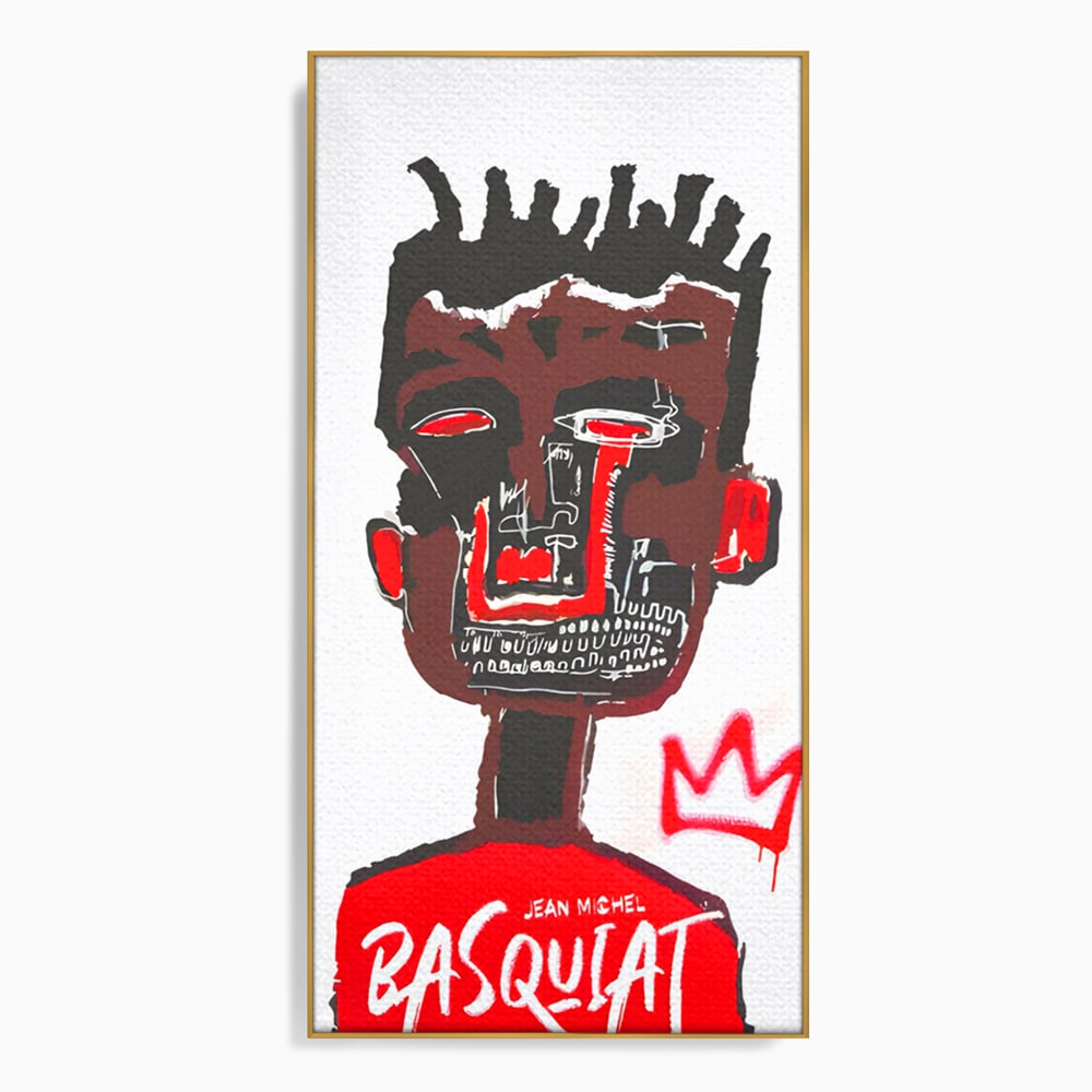 Tablou canvas cu tablou canvas cu portret abstract stil basquiat, in rama de aluminiu auriu