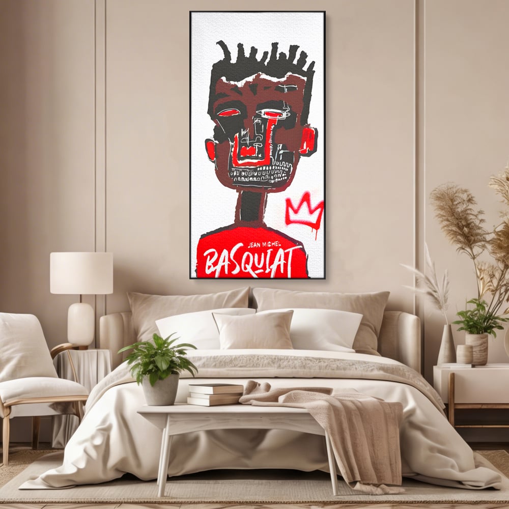 Tablou canvas cu tablou canvas cu portret abstract stil basquiat, in rama de aluminiu negru, pe perete intr-un dormitor