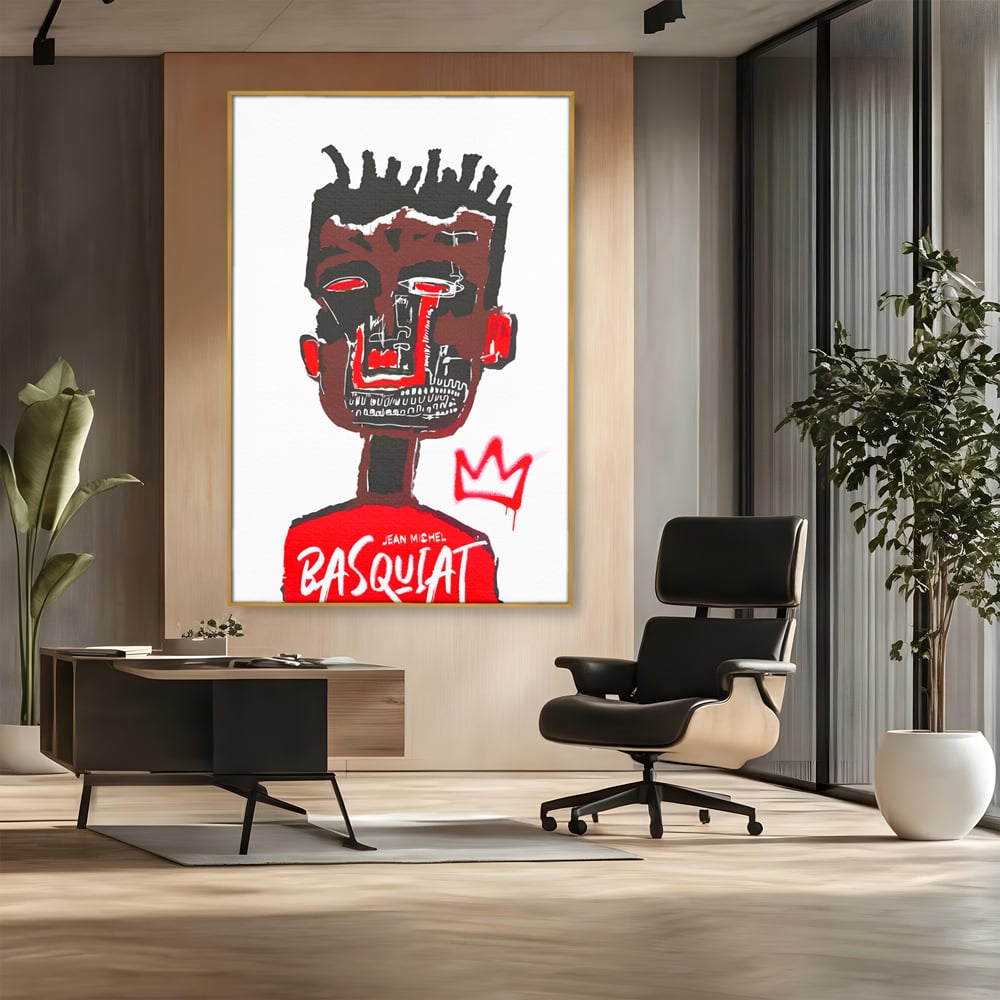 Tablou canvas cu tablou canvas cu portret abstract stil basquiat, in rama de aluminiu auriu, pe perete intr-un birou