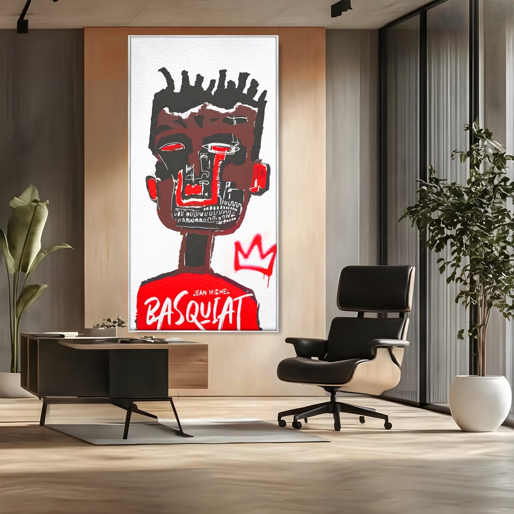 Tablou canvas cu tablou canvas cu portret abstract stil basquiat, in rama de aluminiu argintiu, pe perete intr-un birou