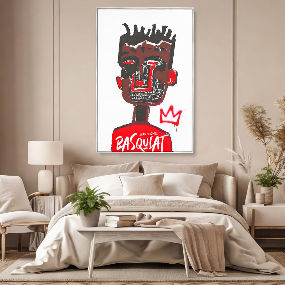 Tablou canvas cu tablou canvas cu portret abstract stil basquiat, in rama de aluminiu argintiu, pe perete intr-un dormitor