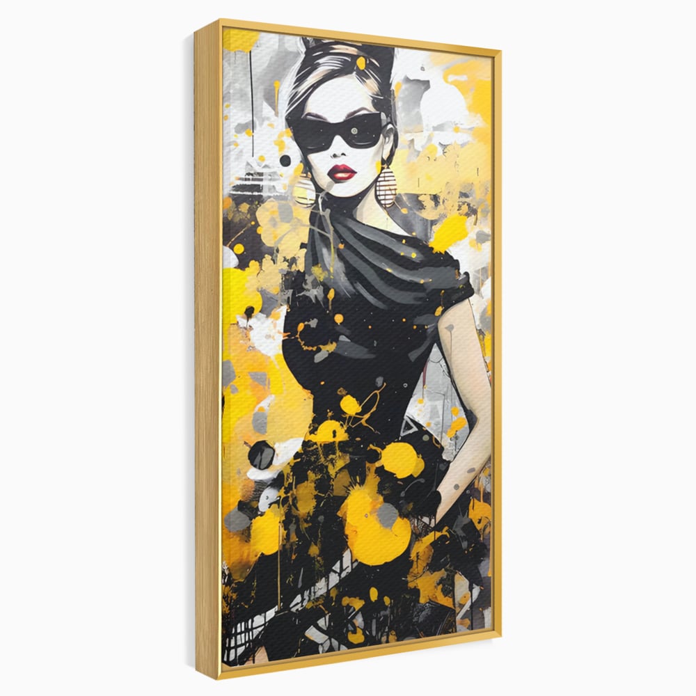 Tablou canvas cu tablou canvas portret femeie eleganta ochelari, in rama de aluminiu auriu