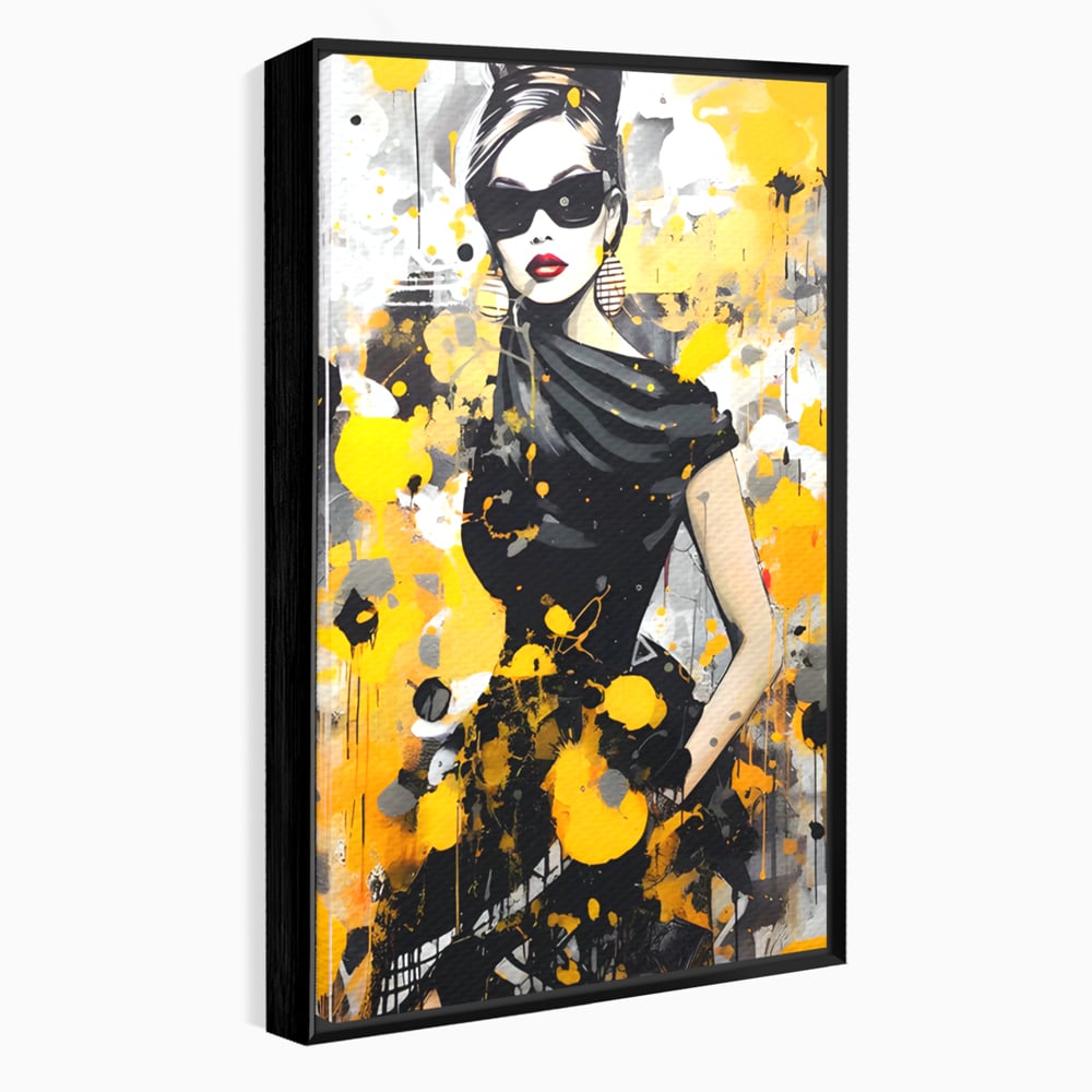 Tablou canvas cu tablou canvas portret femeie eleganta ochelari, in rama de aluminiu negru