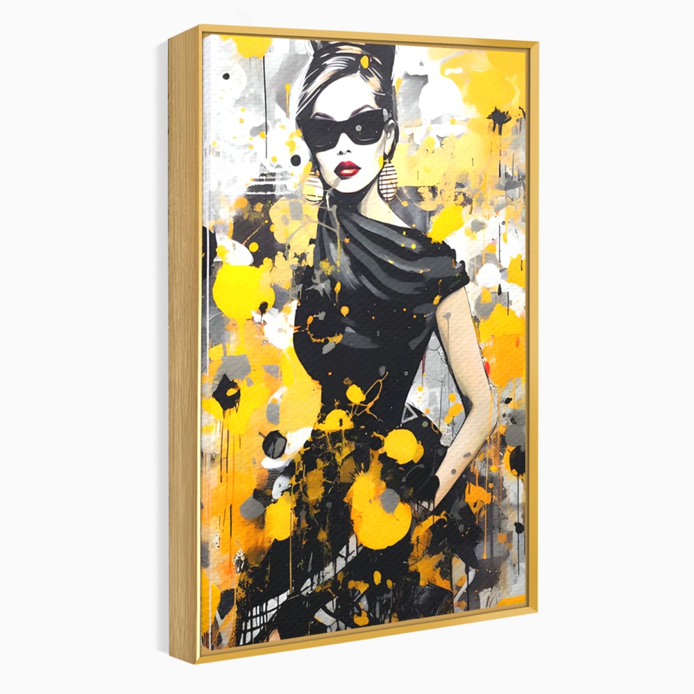 Tablou canvas cu tablou canvas portret femeie eleganta ochelari, in rama de aluminiu auriu