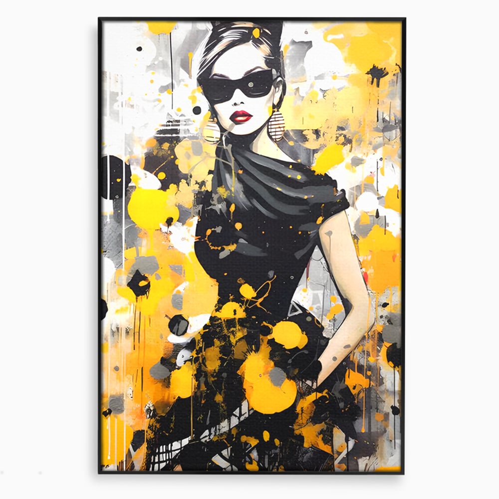Tablou canvas cu tablou canvas portret femeie eleganta ochelari, in rama de aluminiu negru
