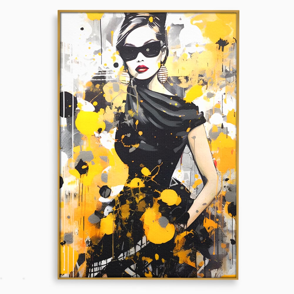 Tablou canvas cu tablou canvas portret femeie eleganta ochelari, in rama de aluminiu auriu