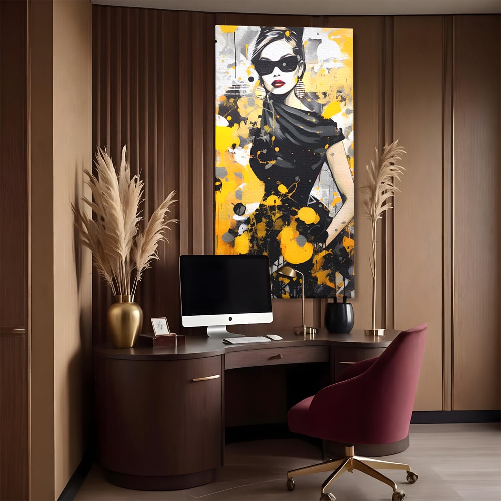 Tablou canvas cu tablou canvas portret femeie eleganta ochelari, fara rama, pe sasiu de lemn, pe perete intr-un birou