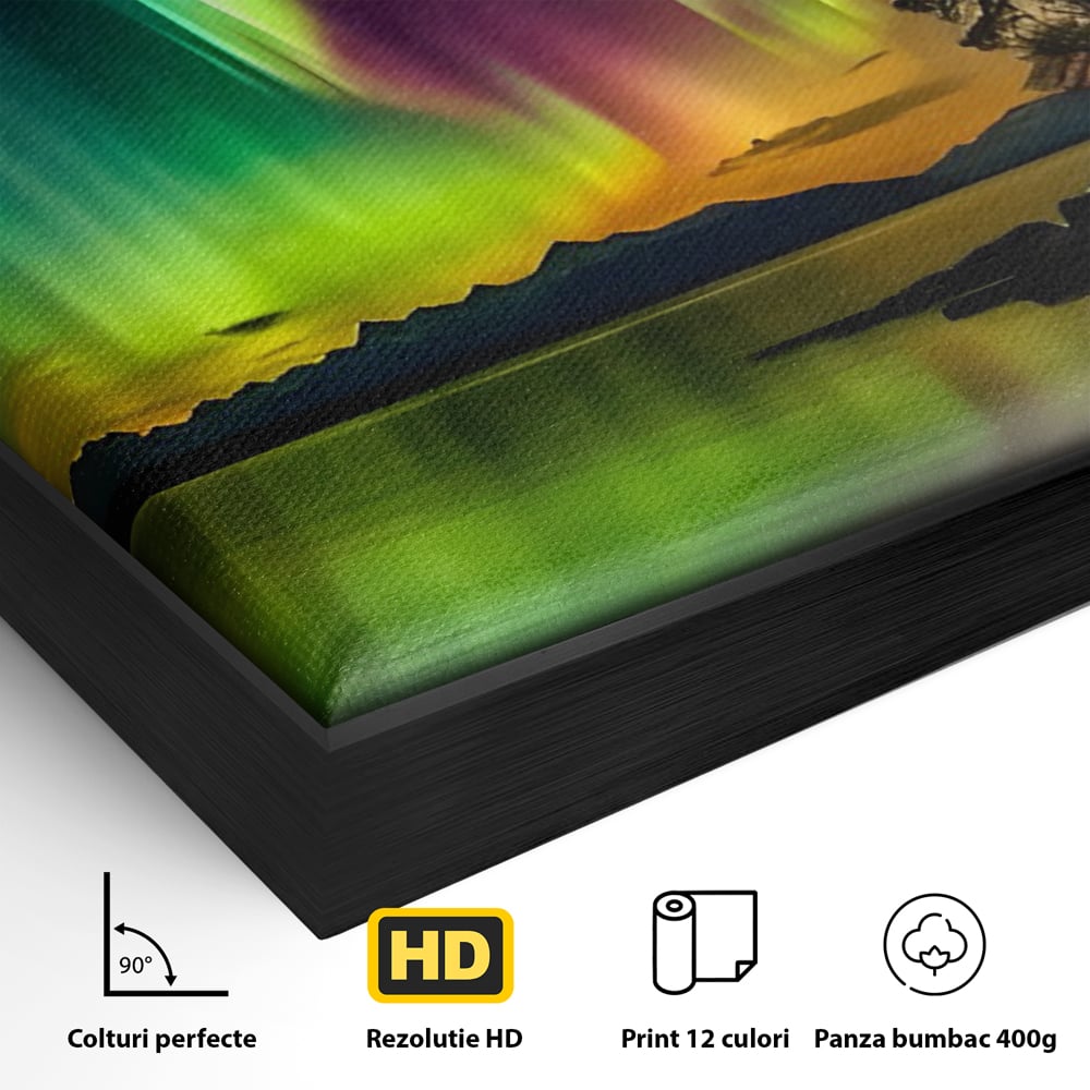 Detaliu al suprafetei: tablou vertical cu aurora boreala pe lac, in rama de aluminiu negru