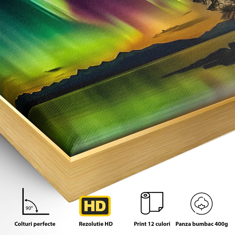 Detaliu al suprafetei: tablou vertical cu aurora boreala pe lac, in rama de aluminiu auriu