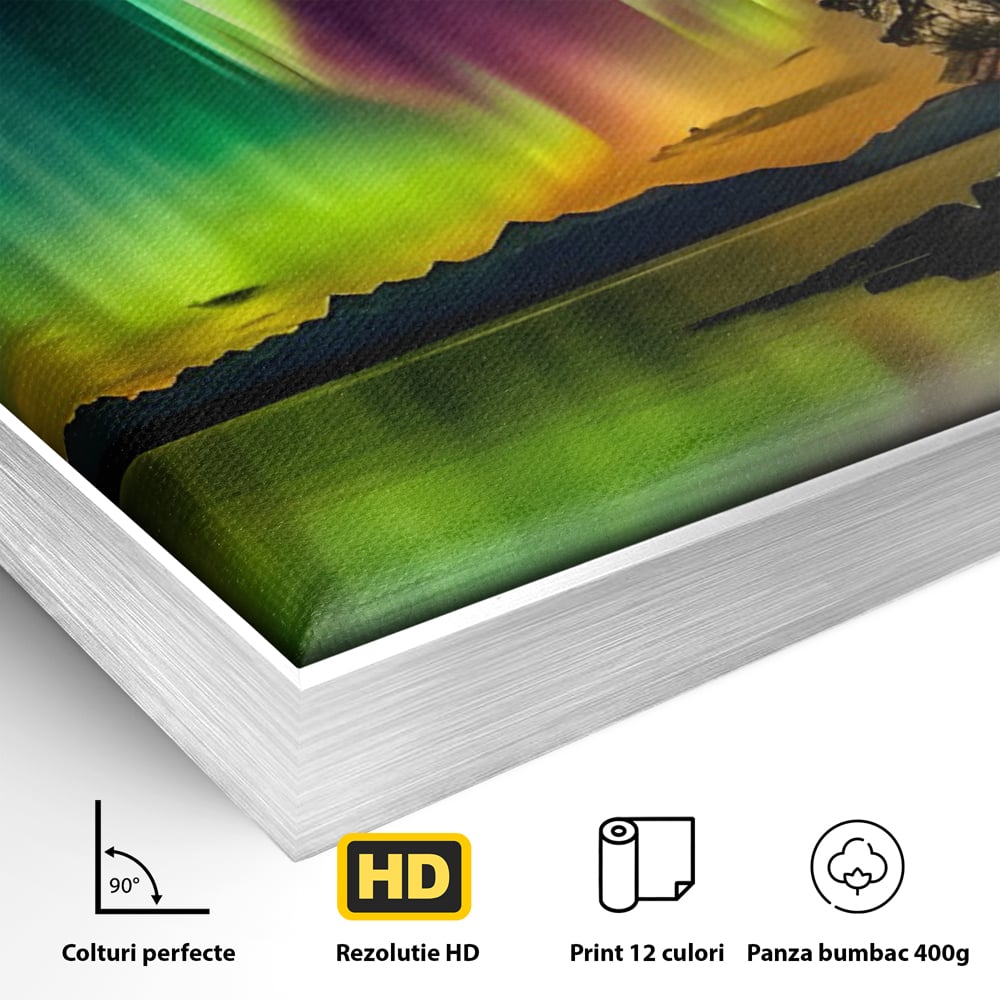 Detaliu al suprafetei: tablou vertical cu aurora boreala pe lac, in rama de aluminiu argintiu