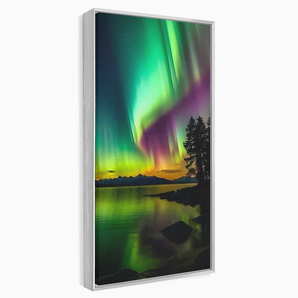 Tablou canvas cu tablou vertical cu aurora boreala pe lac, in rama de aluminiu argintiu
