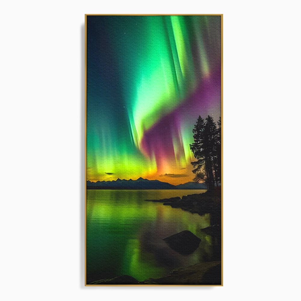 Tablou canvas cu tablou vertical cu aurora boreala pe lac, in rama de aluminiu auriu