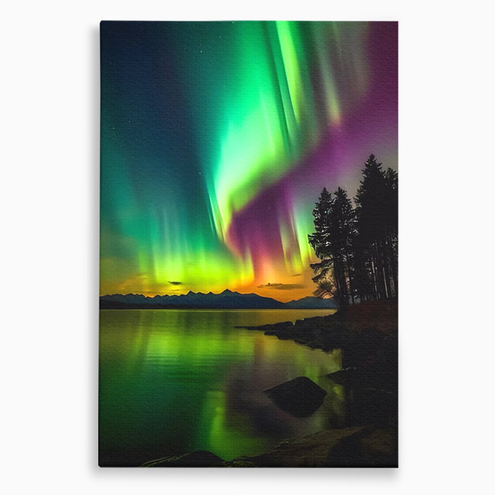 Tablou canvas cu tablou vertical cu aurora boreala pe lac, fara rama, pe sasiu de lemn