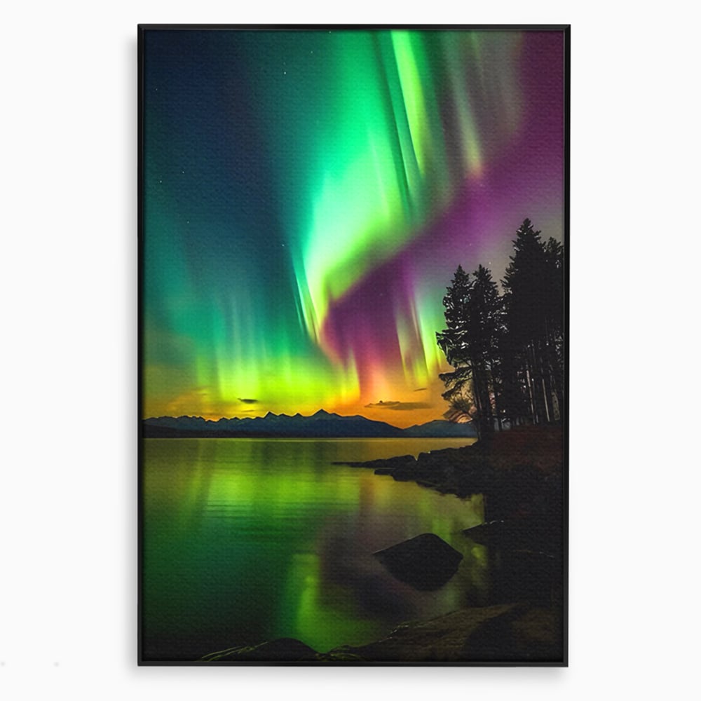 Tablou canvas cu tablou vertical cu aurora boreala pe lac, in rama de aluminiu negru