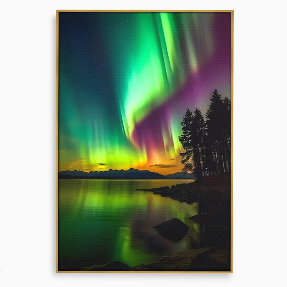 Tablou canvas cu tablou vertical cu aurora boreala pe lac, in rama de aluminiu auriu
