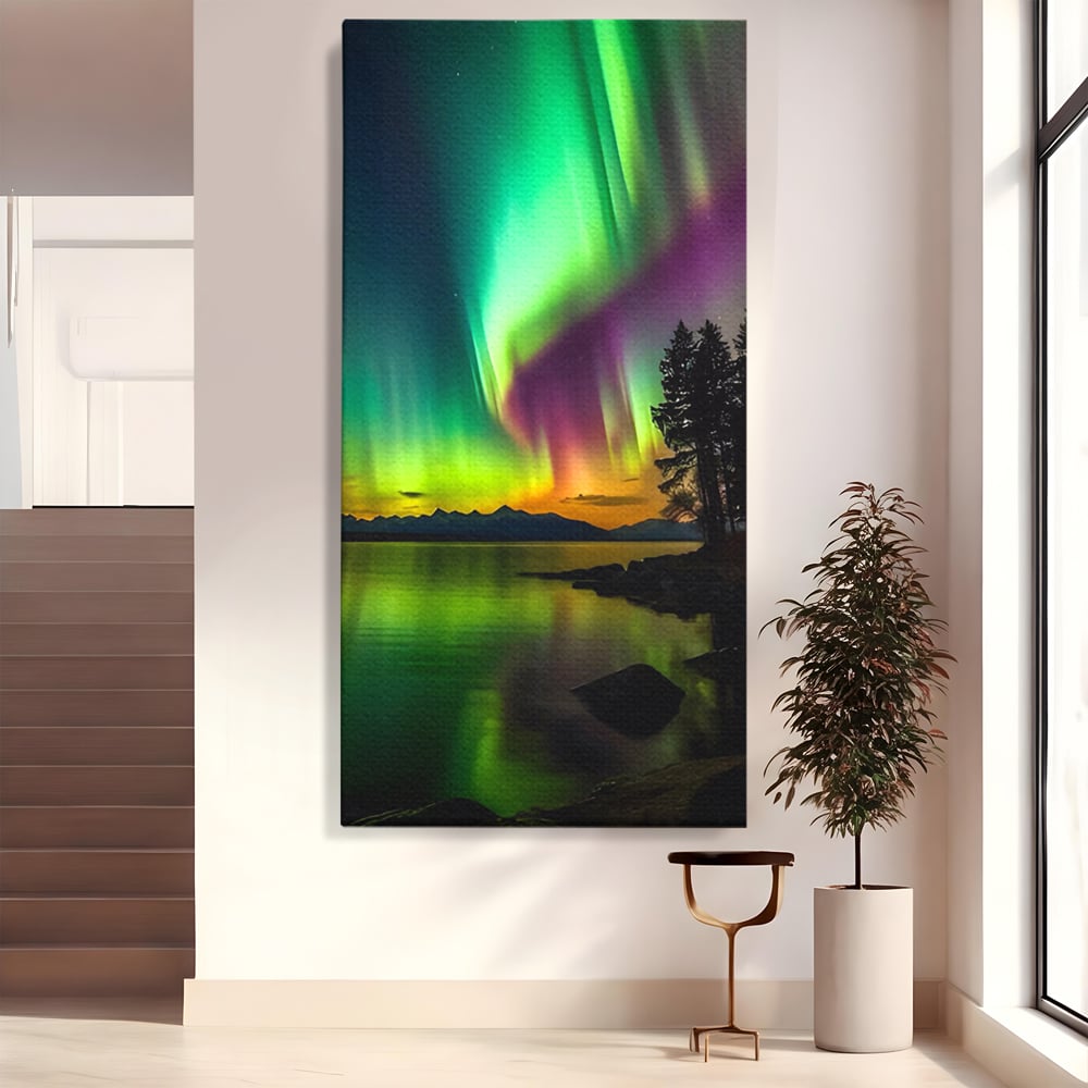 Tablou canvas cu tablou vertical cu aurora boreala pe lac, fara rama, pe sasiu de lemn