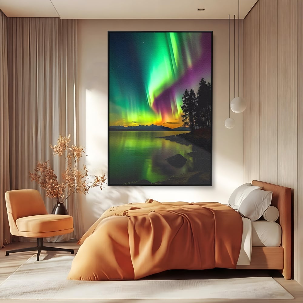 Tablou canvas cu tablou vertical cu aurora boreala pe lac, in rama de aluminiu negru, pe perete intr-un dormitor