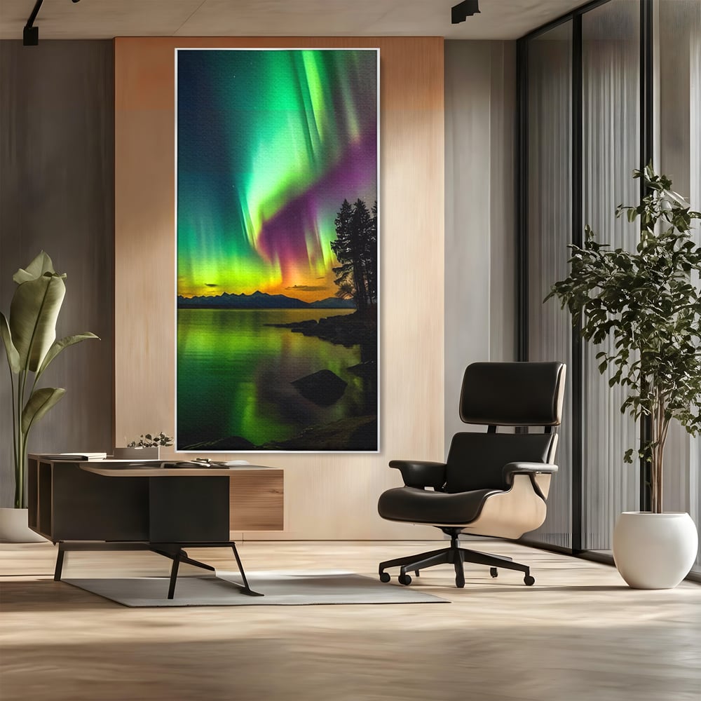 Tablou canvas cu tablou vertical cu aurora boreala pe lac, in rama de aluminiu argintiu, pe perete intr-un birou