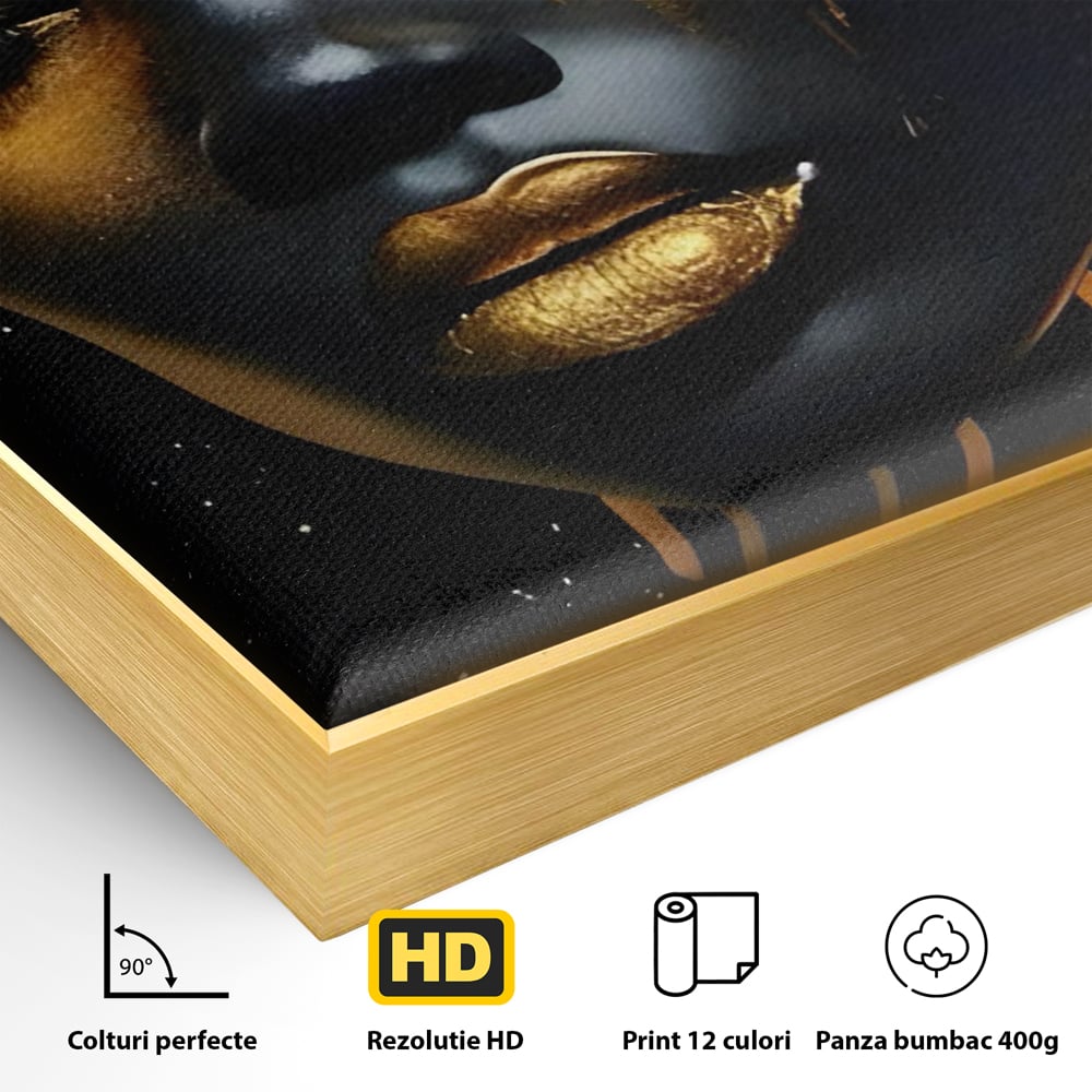 Detaliu al suprafetei: tablou canvas cu portret de femeie, in rama de aluminiu auriu