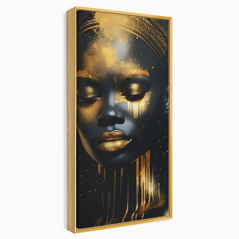 Tablou canvas cu tablou canvas cu portret de femeie, in rama de aluminiu auriu