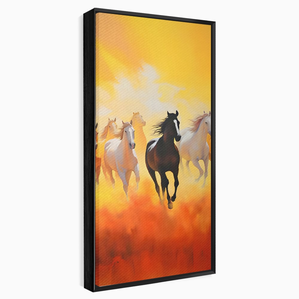 Tablou canvas cu pictura cu cai in galop, in rama de aluminiu negru