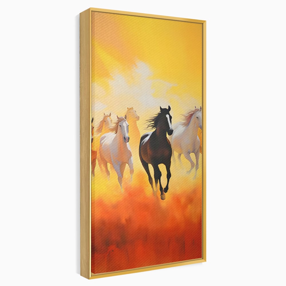Tablou canvas cu pictura cu cai in galop, in rama de aluminiu auriu