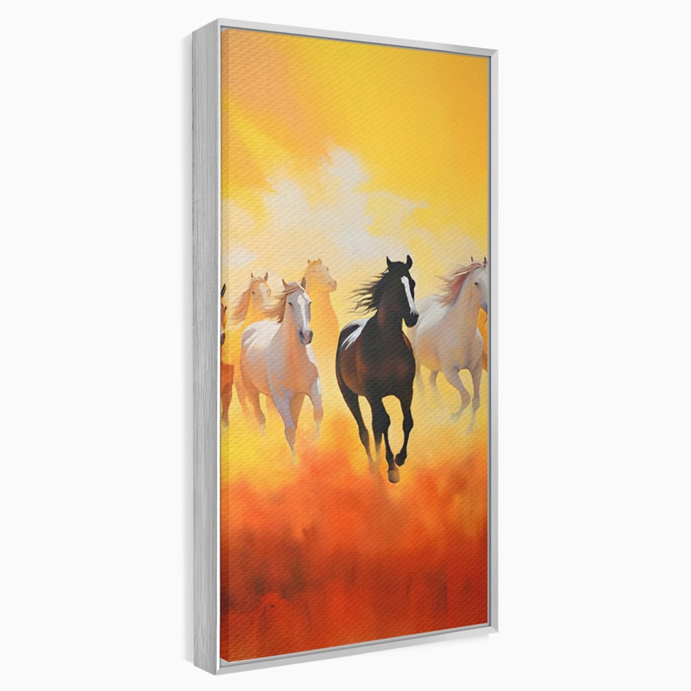 Tablou canvas cu pictura cu cai in galop, in rama de aluminiu argintiu