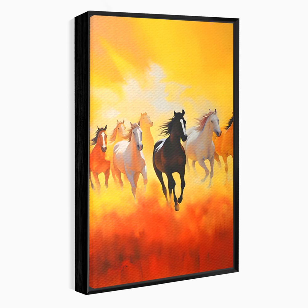 Tablou canvas cu pictura cu cai in galop, in rama de aluminiu negru