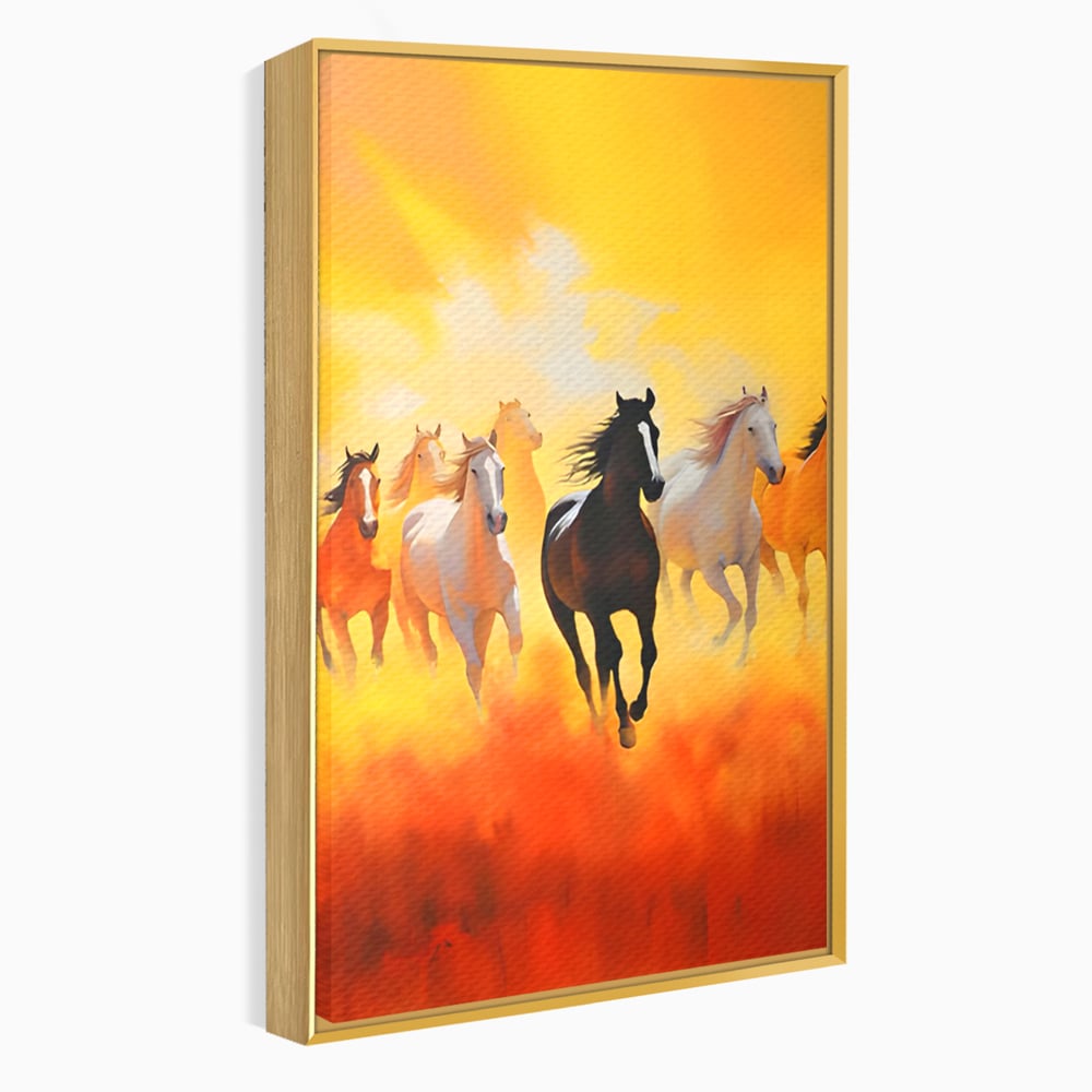 Tablou canvas cu pictura cu cai in galop, in rama de aluminiu auriu