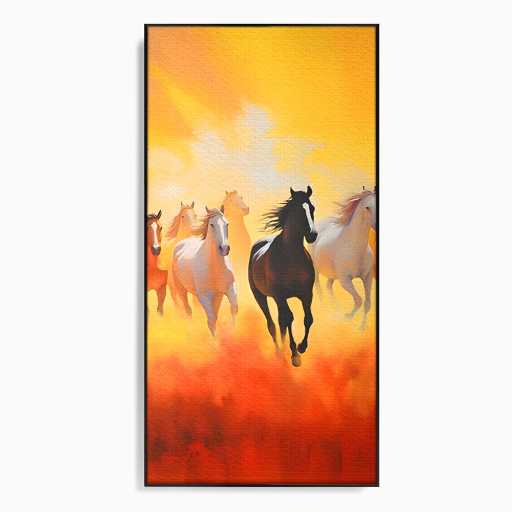 Tablou canvas cu pictura cu cai in galop, in rama de aluminiu negru