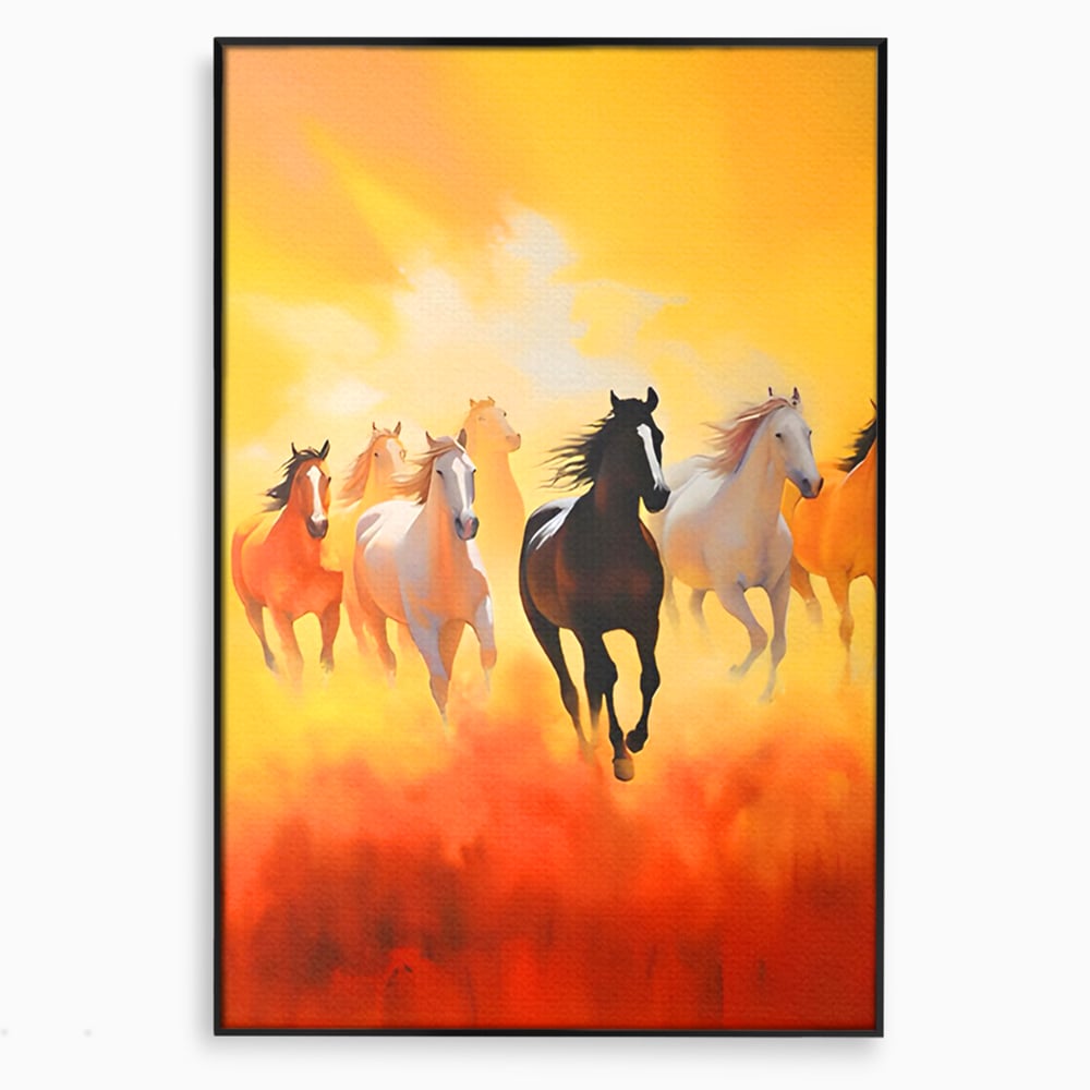 Tablou canvas cu pictura cu cai in galop, in rama de aluminiu negru