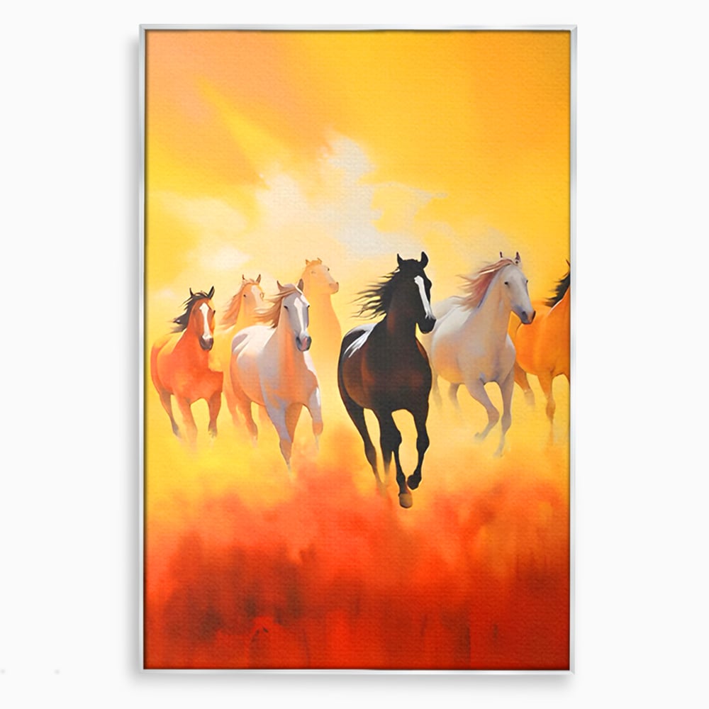 Tablou canvas cu pictura cu cai in galop, in rama de aluminiu argintiu