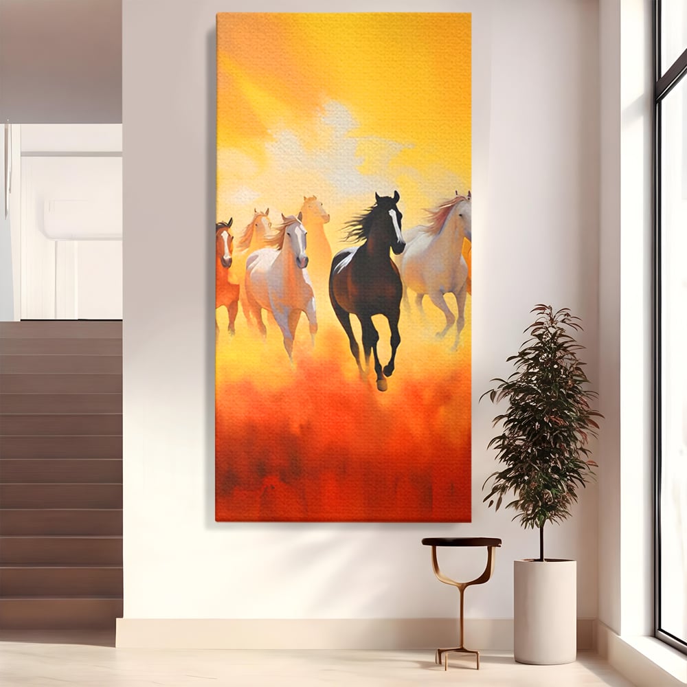 Tablou canvas cu pictura cu cai in galop, fara rama, pe sasiu de lemn