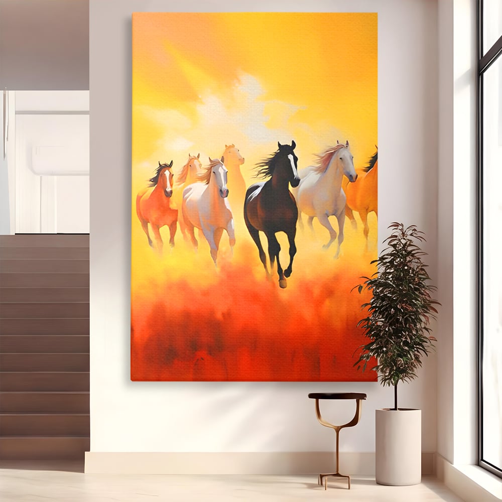 Tablou canvas cu pictura cu cai in galop, fara rama, pe sasiu de lemn