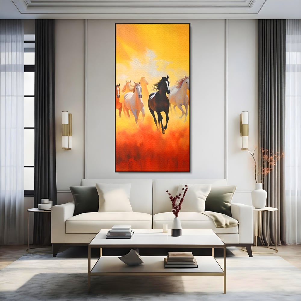 Tablou canvas cu pictura cu cai in galop, in rama de aluminiu negru, pe perete intr-un living