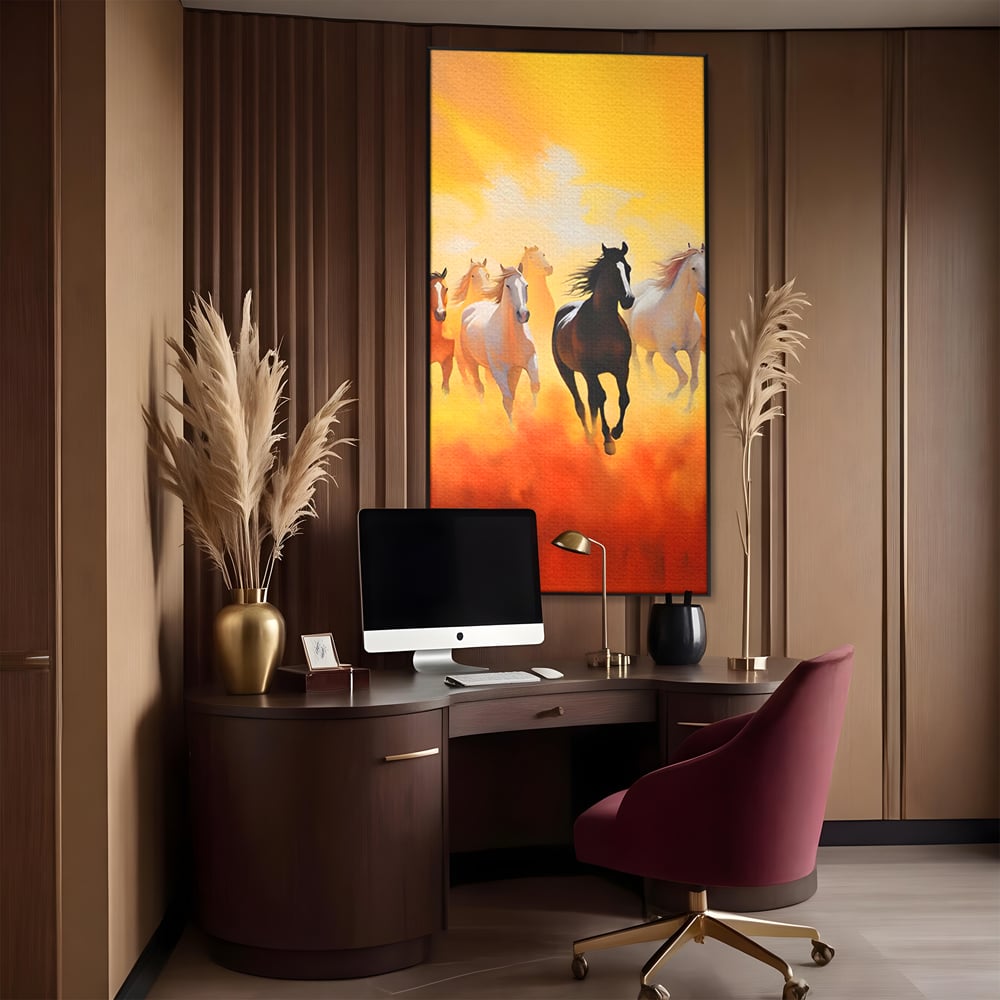 Tablou canvas cu pictura cu cai in galop, in rama de aluminiu negru, pe perete intr-un birou