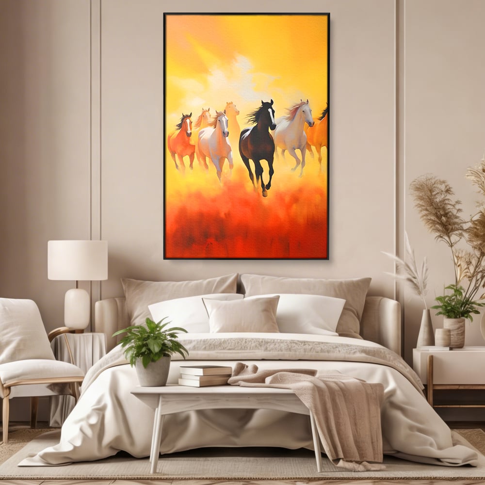 Tablou canvas cu pictura cu cai in galop, in rama de aluminiu negru, pe perete intr-un dormitor