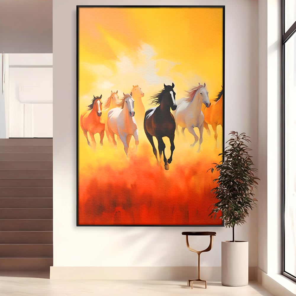 Tablou canvas cu pictura cu cai in galop, in rama de aluminiu negru