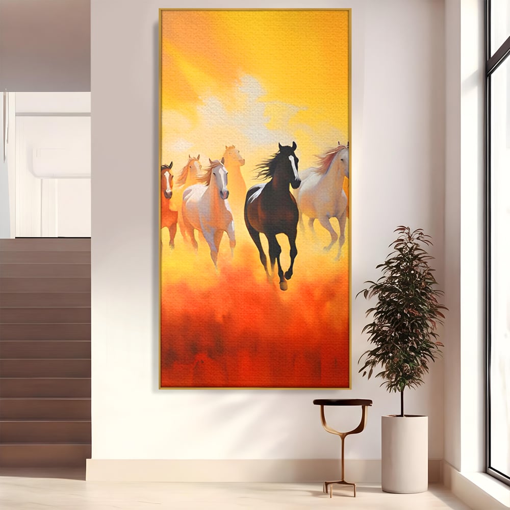 Tablou canvas cu pictura cu cai in galop, in rama de aluminiu auriu