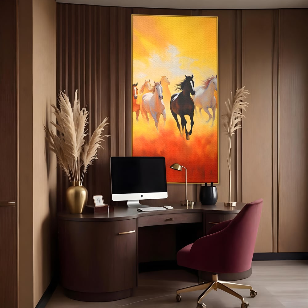 Tablou canvas cu pictura cu cai in galop, in rama de aluminiu auriu, pe perete intr-un birou