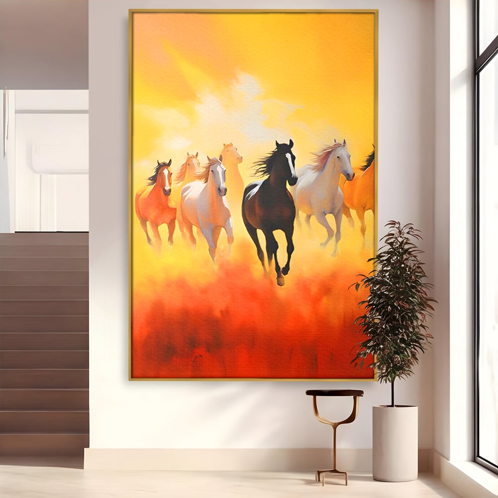 Tablou canvas cu pictura cu cai in galop, in rama de aluminiu auriu