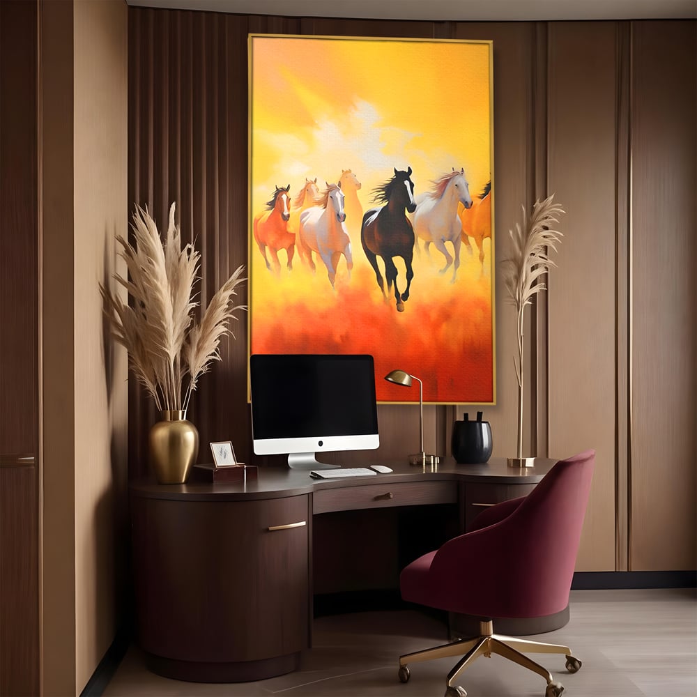 Tablou canvas cu pictura cu cai in galop, in rama de aluminiu auriu, pe perete intr-un birou