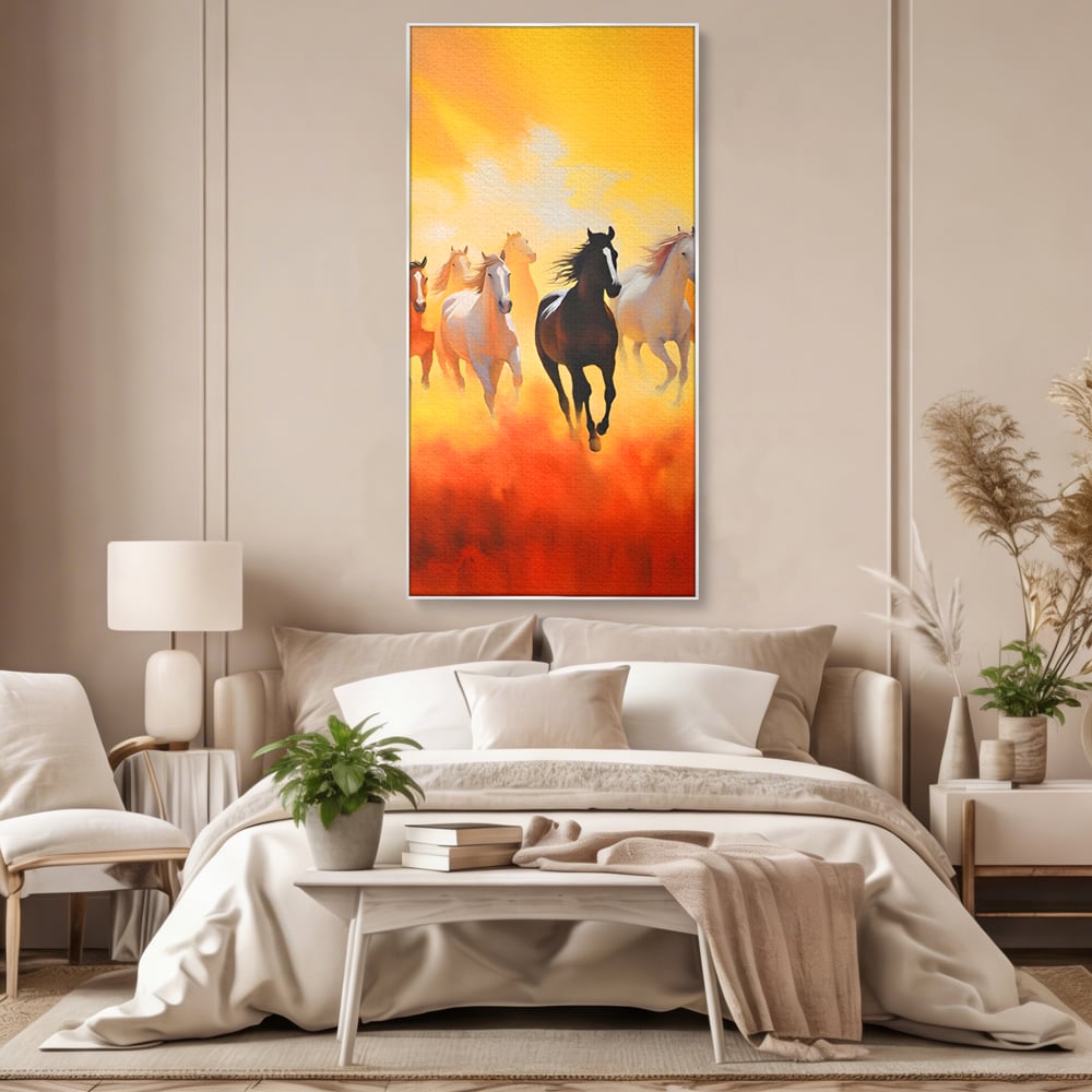 Tablou canvas cu pictura cu cai in galop, in rama de aluminiu argintiu, pe perete intr-un dormitor