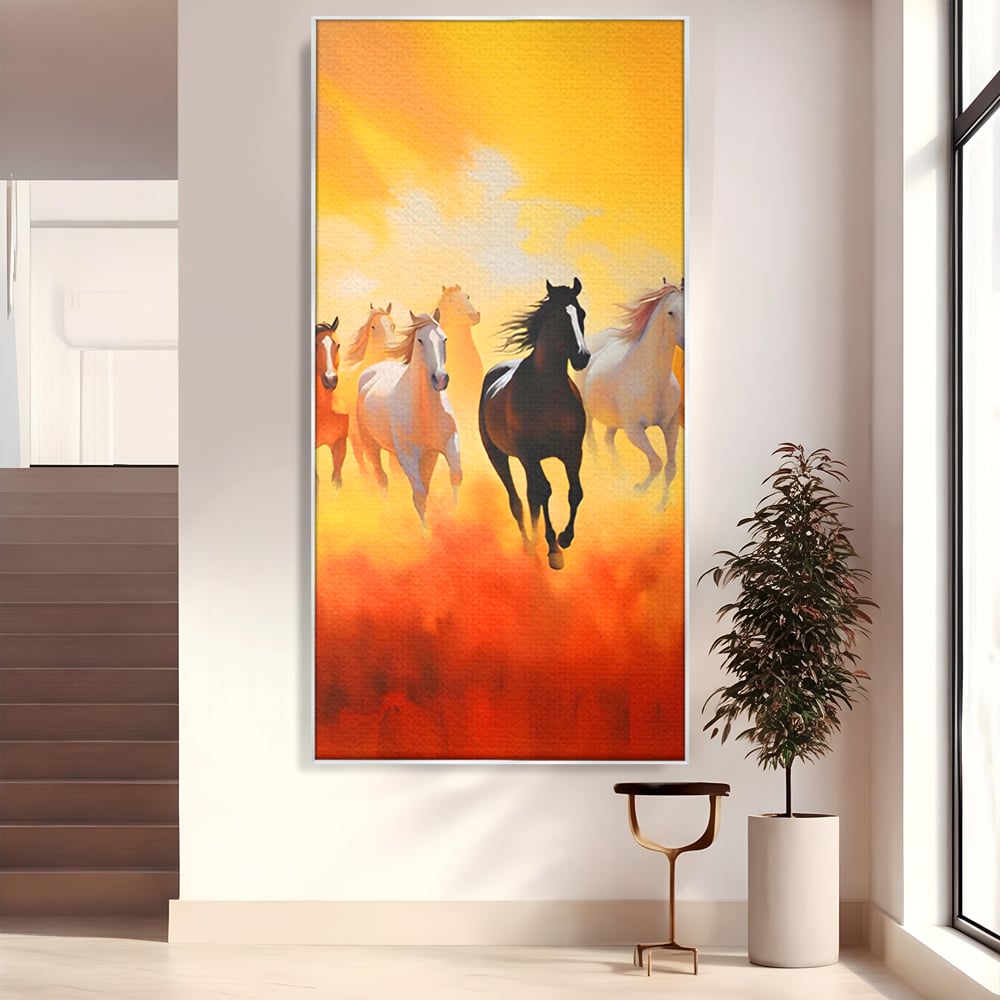 Tablou canvas cu pictura cu cai in galop, in rama de aluminiu argintiu