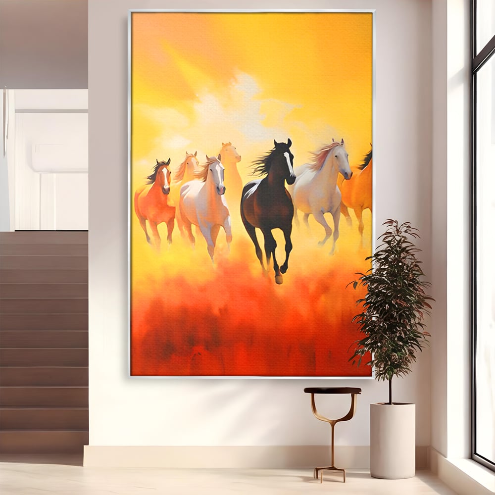 Tablou canvas cu pictura cu cai in galop, in rama de aluminiu argintiu