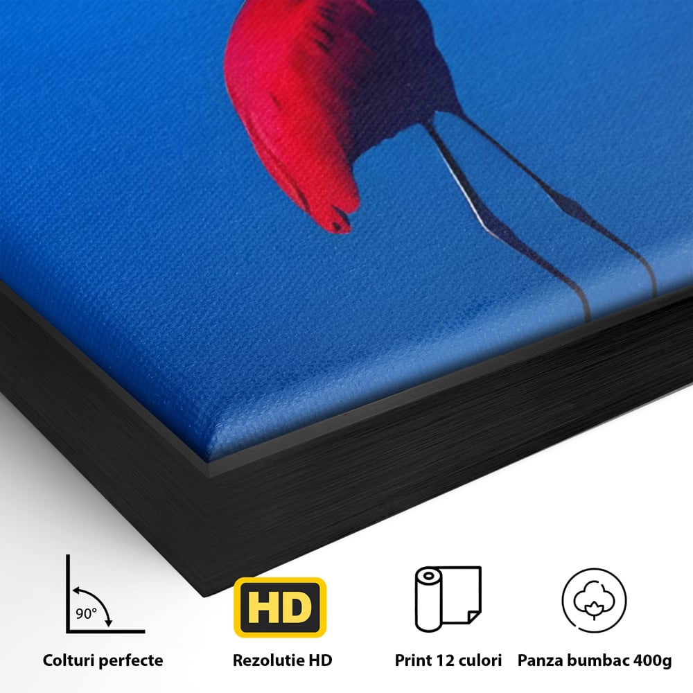 Detaliu al suprafetei: tablou canvas cu pasare flamingo rosie, in rama de aluminiu negru
